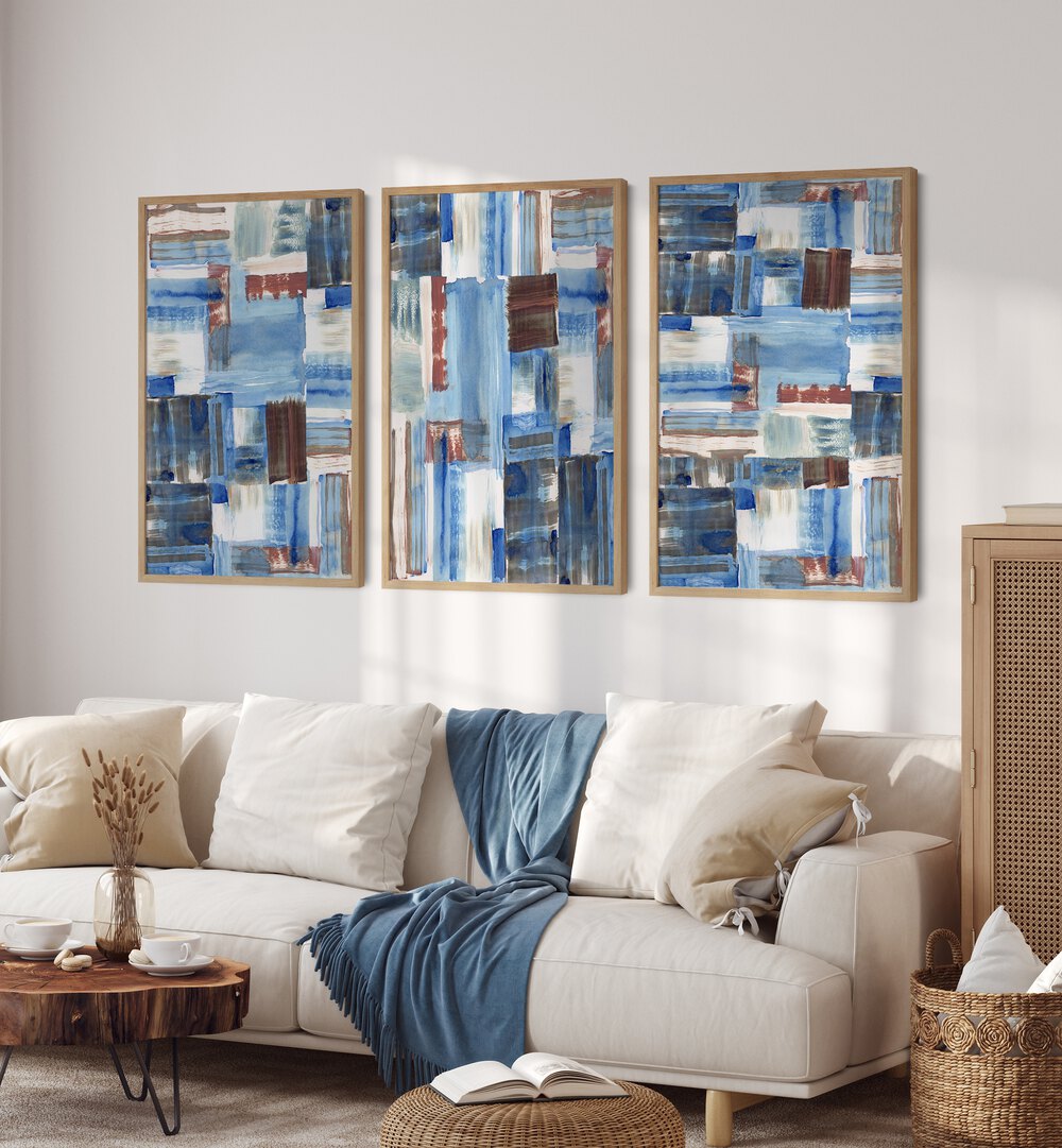 Transform your space with the ICY BLUE ABSTRACT SET, SET OF 3 PAINTINGS featuring soothing blue hues and dynamic designs.