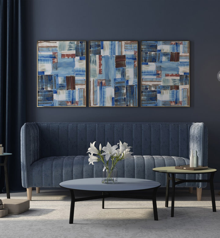 Transform your space with the ICY BLUE ABSTRACT SET, SET OF 3 PAINTINGS featuring soothing icy blue hues.