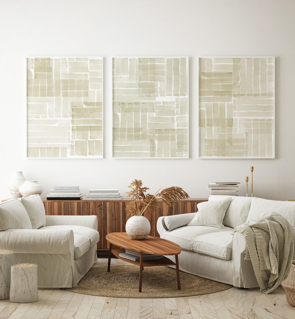 Elevate your decor with the NEUTRAL TANGLE GRID SET, SET OF 3 PAINTINGS, perfect for any contemporary living space.