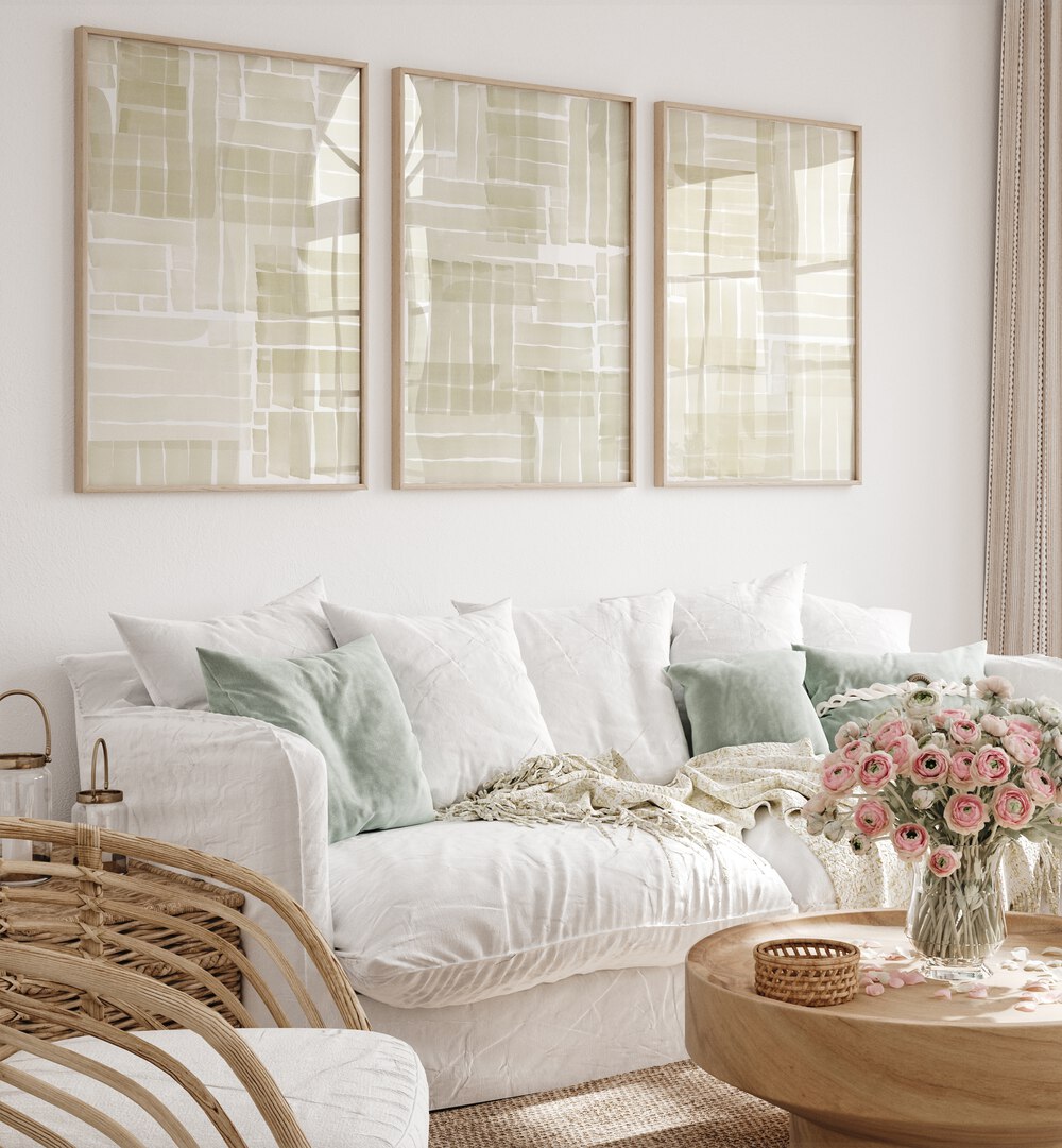 Elevate your home decor with the NEUTRAL TANGLE GRID SET, SET OF 3 PAINTINGS, enhancing any living space beautifully.