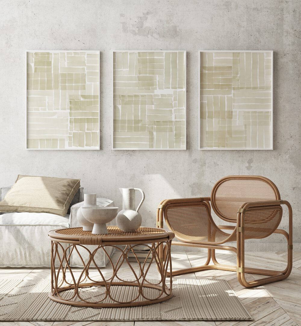Enhance your decor with the NEUTRAL TANGLE GRID SET, SET OF 3 PAINTINGS, perfect for any contemporary living space.