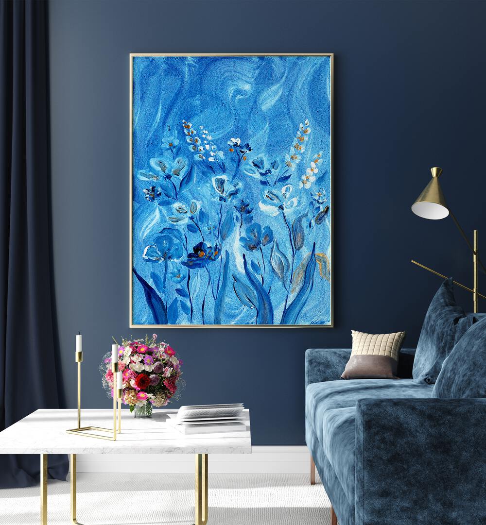 Captivating SHADOWS and FLORAL FLOWER PAINTINGS add elegance and mystery to any space with stunning blue hues.