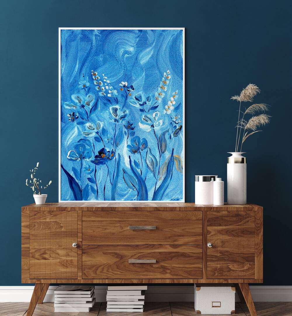 Elegant SHADOWS, FLORAL FLOWER PAINTINGS in blue hues, perfect for enhancing any space's beauty and charm.