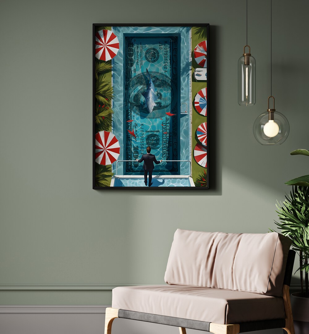 Shark Pool Money Art Artwork in plain black frame hanging on wall above brown couch