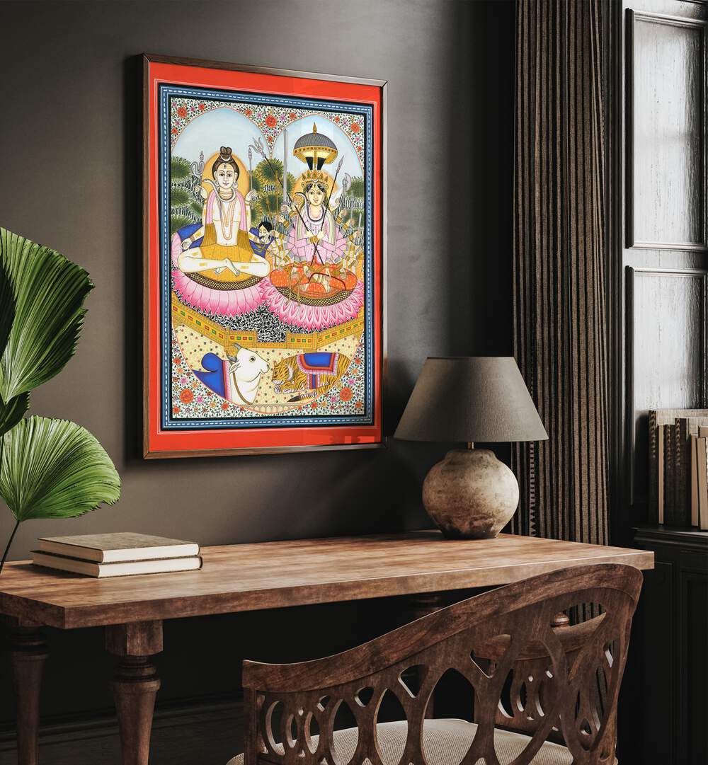 Vibrant SHIVA SHAKTI ARTWORK, INDIAN ART PAINTINGS, showcasing divine union on a lotus, perfect for spiritual decor.