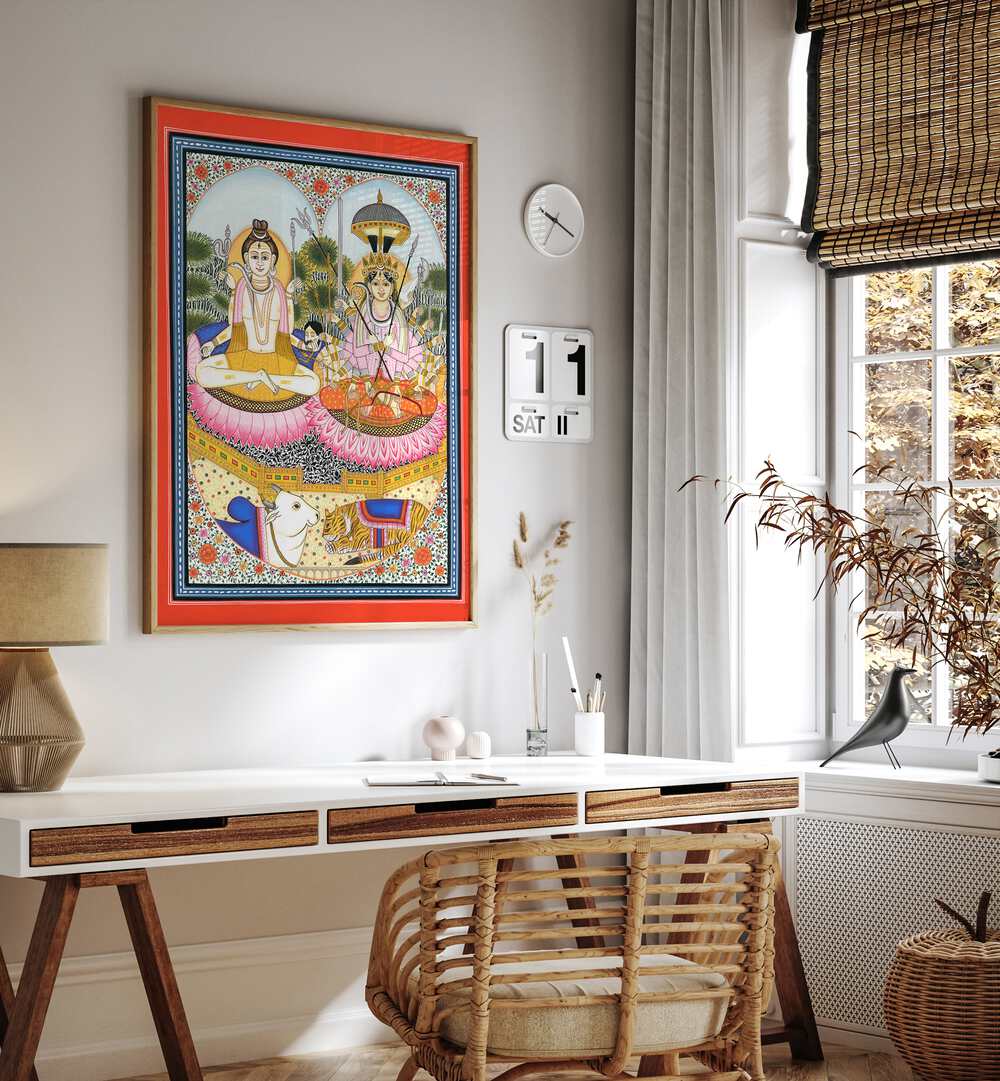 SHIVA SHAKTI ARTWORK, INDIAN ART PAINTINGS beautifully depict the divine union of Shiva and Shakti on a lotus.