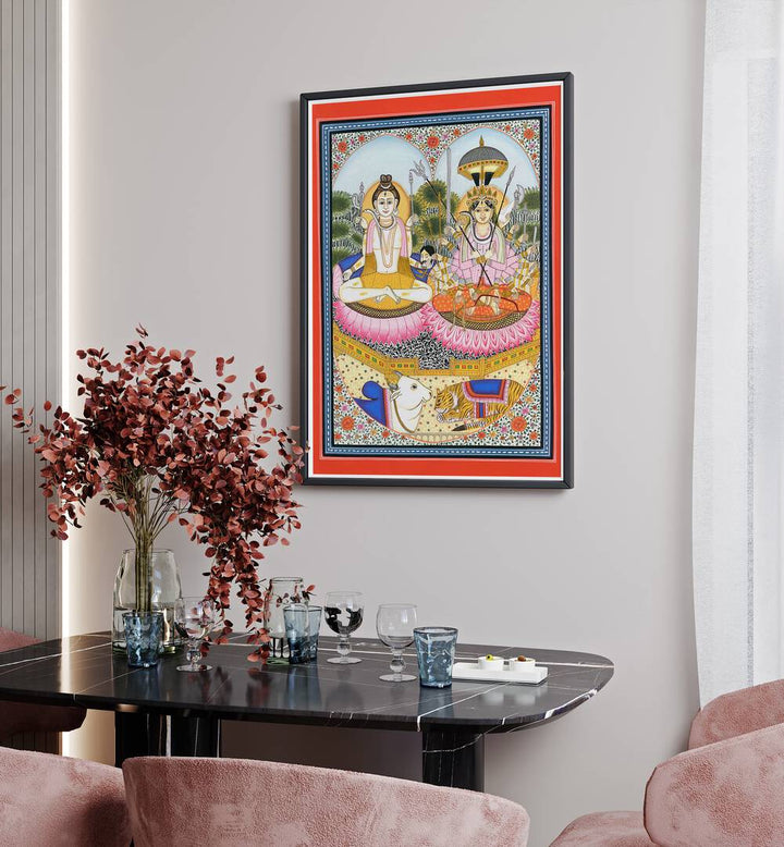 Vibrant SHIVA SHAKTI ARTWORK, INDIAN ART PAINTINGS, featuring the divine couple on a lotus, perfect for your space.