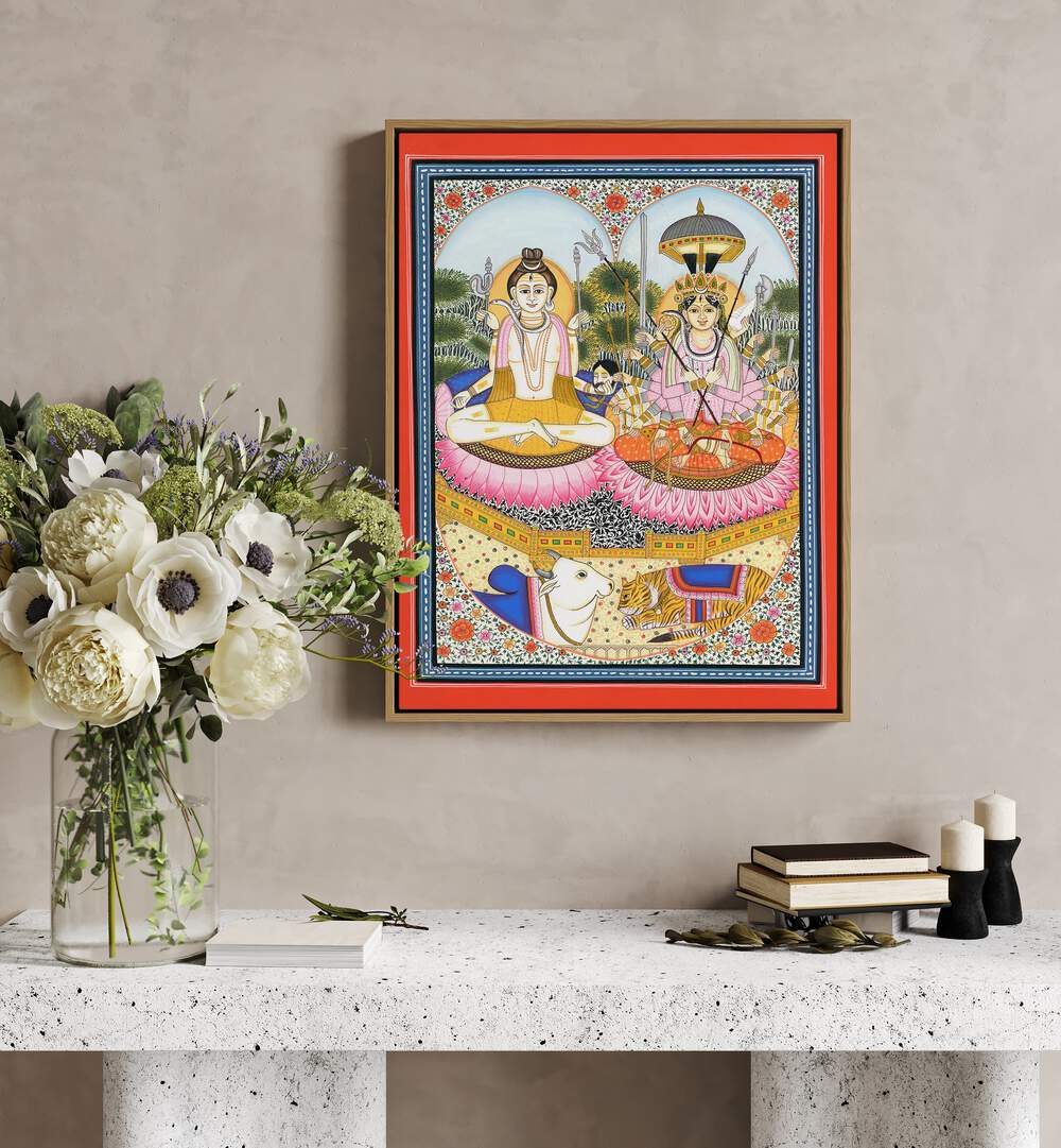 Discover the essence of spirituality with SHIVA SHAKTI ARTWORK, INDIAN ART PAINTINGS, featuring a divine union on a lotus.