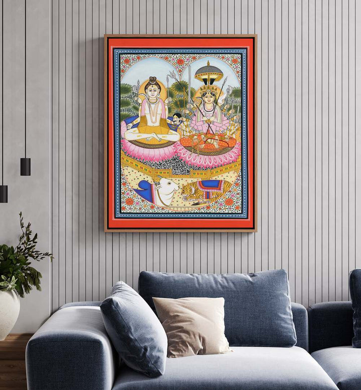 Elegant SHIVA SHAKTI ARTWORK, INDIAN ART PAINTINGS showcasing the divine union of Shiva and Shakti on a lotus.
