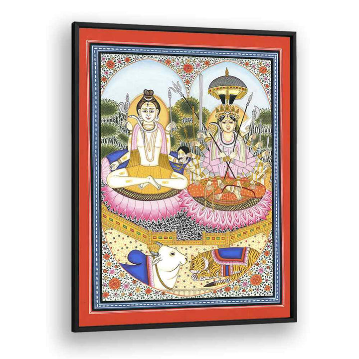 Elegant SHIVA SHAKTI ARTWORK, INDIAN ART PAINTINGS showcasing the divine union of Shiva and Shakti on a lotus.