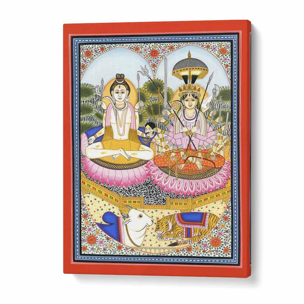 SHIVA SHAKTI ARTWORK , INDIAN ART PAINTINGS showcases the divine union of Shiva and Shakti on a vibrant lotus.