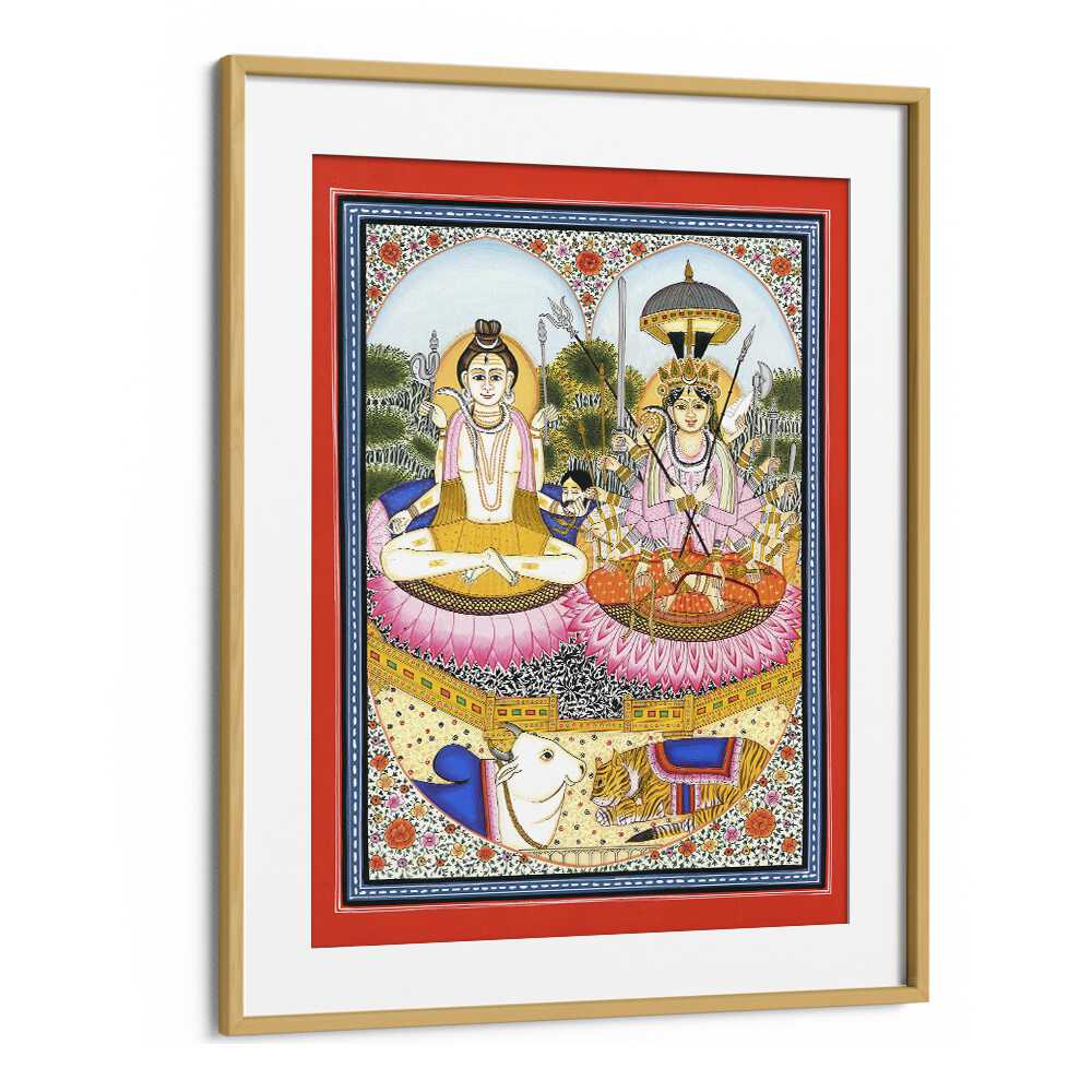 Vibrant SHIVA SHAKTI ARTWORK, INDIAN ART PAINTINGS, depicting divine union, framed beautifully for your space.