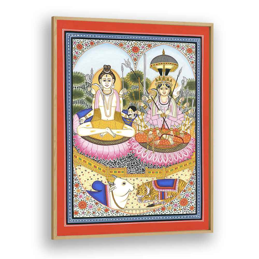 Elegant SHIVA SHAKTI ARTWORK, INDIAN ART PAINTINGS featuring the divine union of Shiva and Shakti on a lotus.