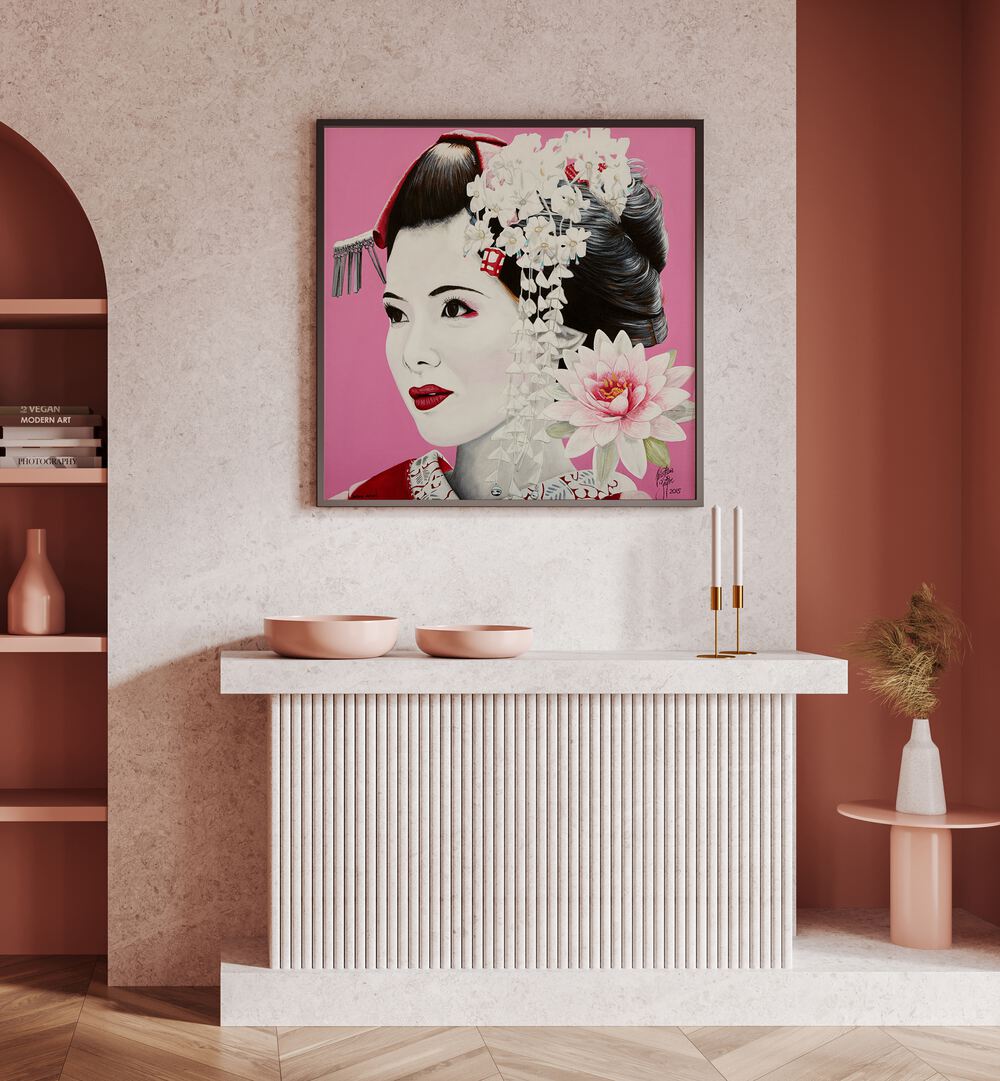 Elegant SHORAI WANAI, JAPANESE PAINTINGS featuring a traditional geisha, perfect for modern decor by Christian Beijer.