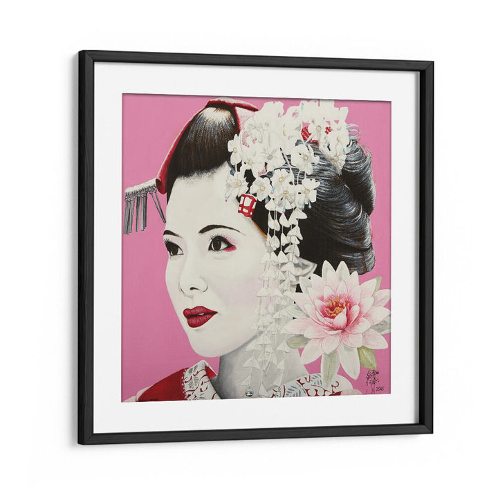 Elegant SHORAI WANAI, JAPANESE PAINTINGS by Christian Beijer, showcasing a geisha with floral elements in a black frame.