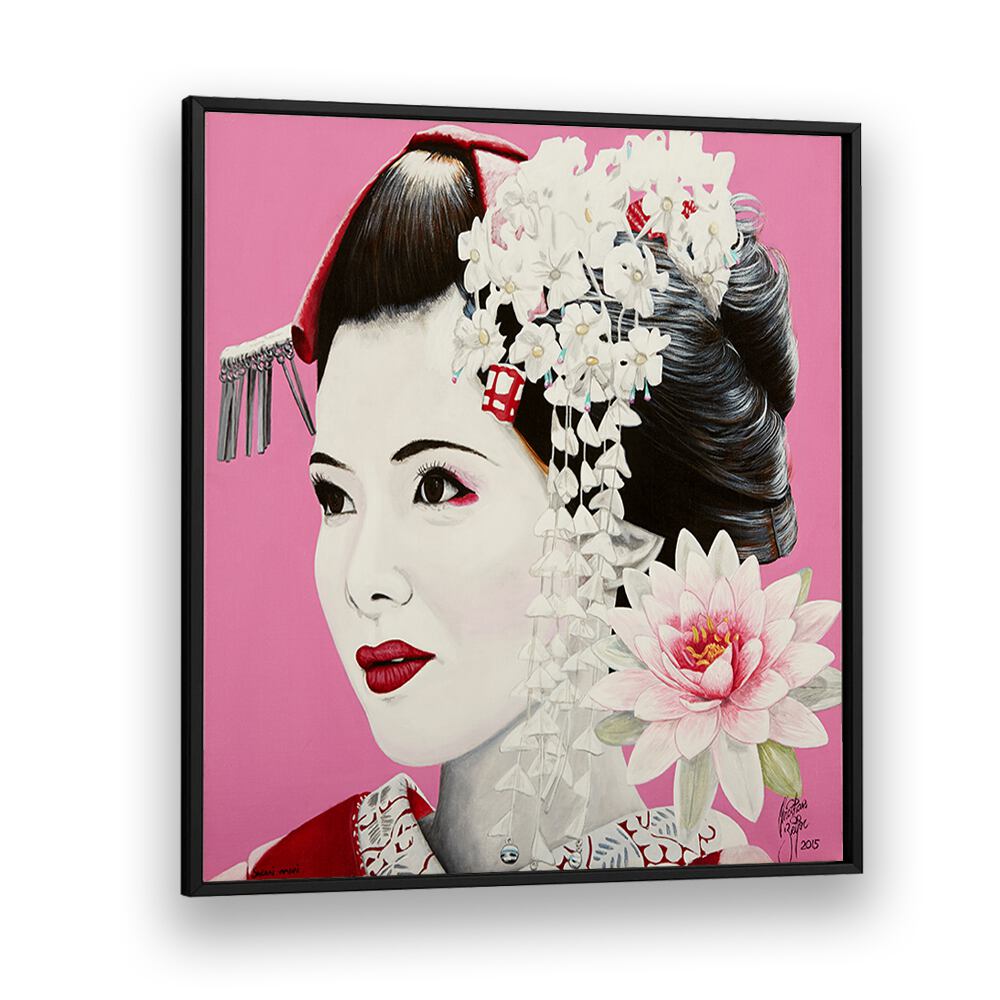 Captivating SHORAI WANAI, JAPANESE PAINTINGS feature a beautiful geisha portrait by Christian Beijer, framed elegantly.