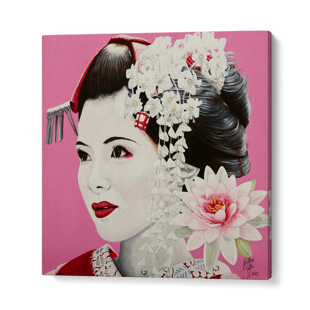 Elegant portrait featuring a Japanese woman and lotus, showcasing SHORAI WANAI, JAPANESE PAINTINGS by Christian Beijer.