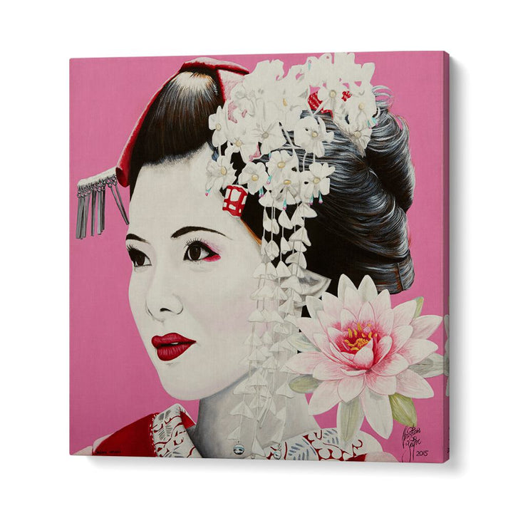 Elegant portrait featuring a Japanese woman and lotus, showcasing SHORAI WANAI, JAPANESE PAINTINGS by Christian Beijer.