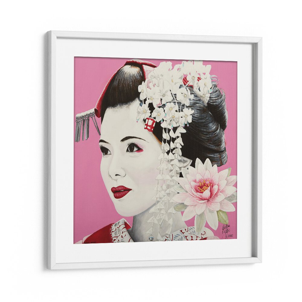Elegant SHORAI WANAI, JAPANESE PAINTINGS featuring a geisha, framed in white, showcasing Christian Beijer's artistry.