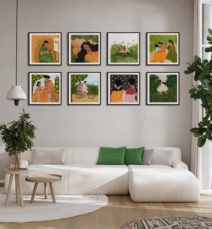Charming CHILDHOOD NOSTALGIA GALLERY WALL featuring framed art prints by Shreya Roy Chowdary, enhancing gallery walls beautifully.