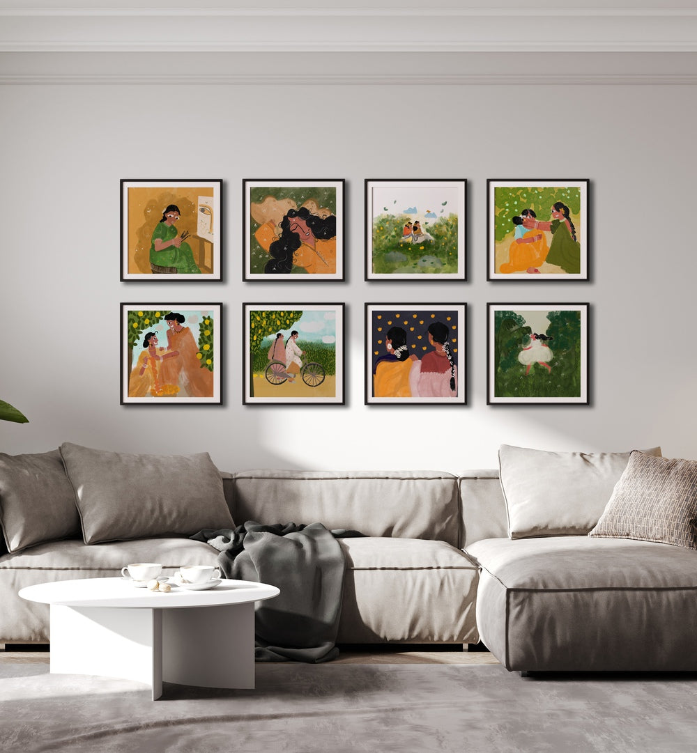 Beautifully arranged CHILDHOOD NOSTALGIA GALLERY WALL featuring art by Shreya Roy Chowdary, perfect for gallery walls.