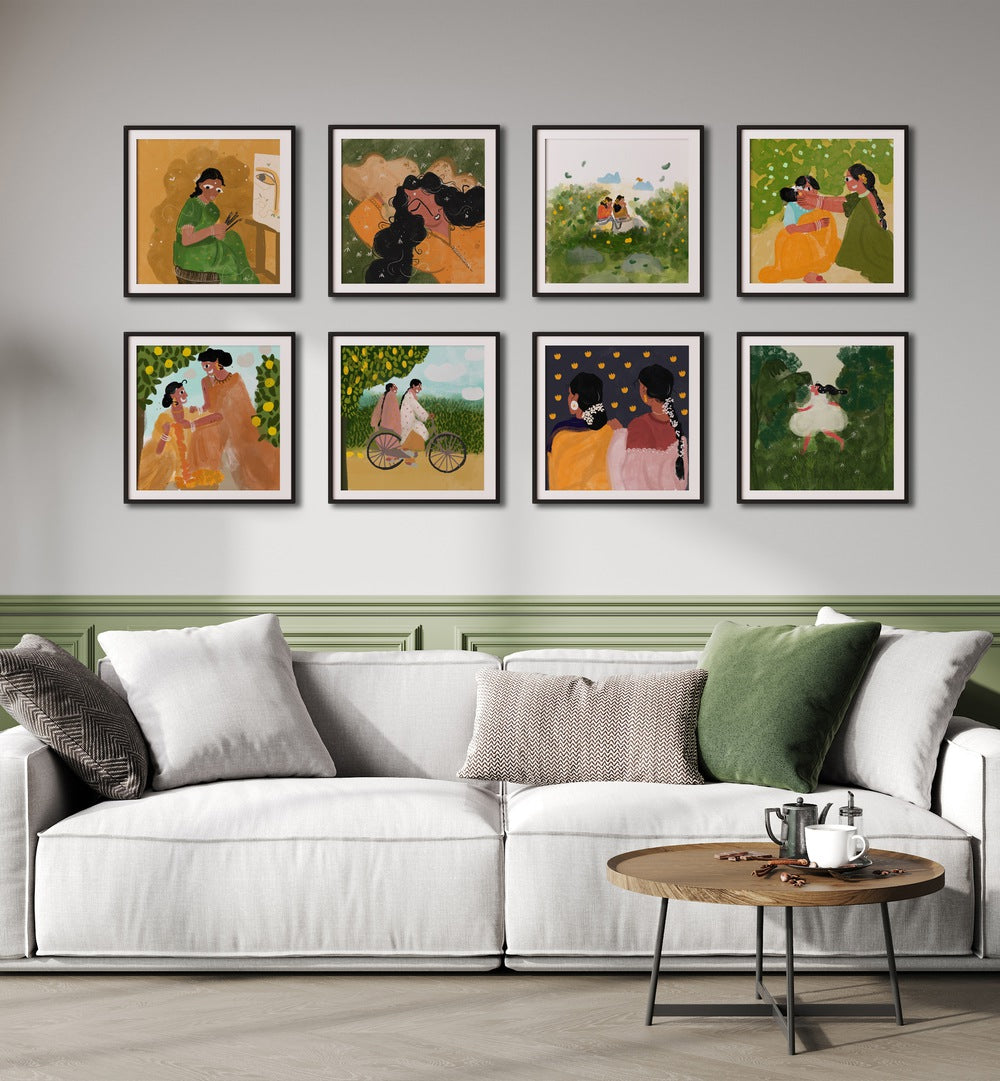 Elegant CHILDHOOD NOSTALGIA GALLERY WALL with framed art prints, perfect for enhancing any living space's warmth.