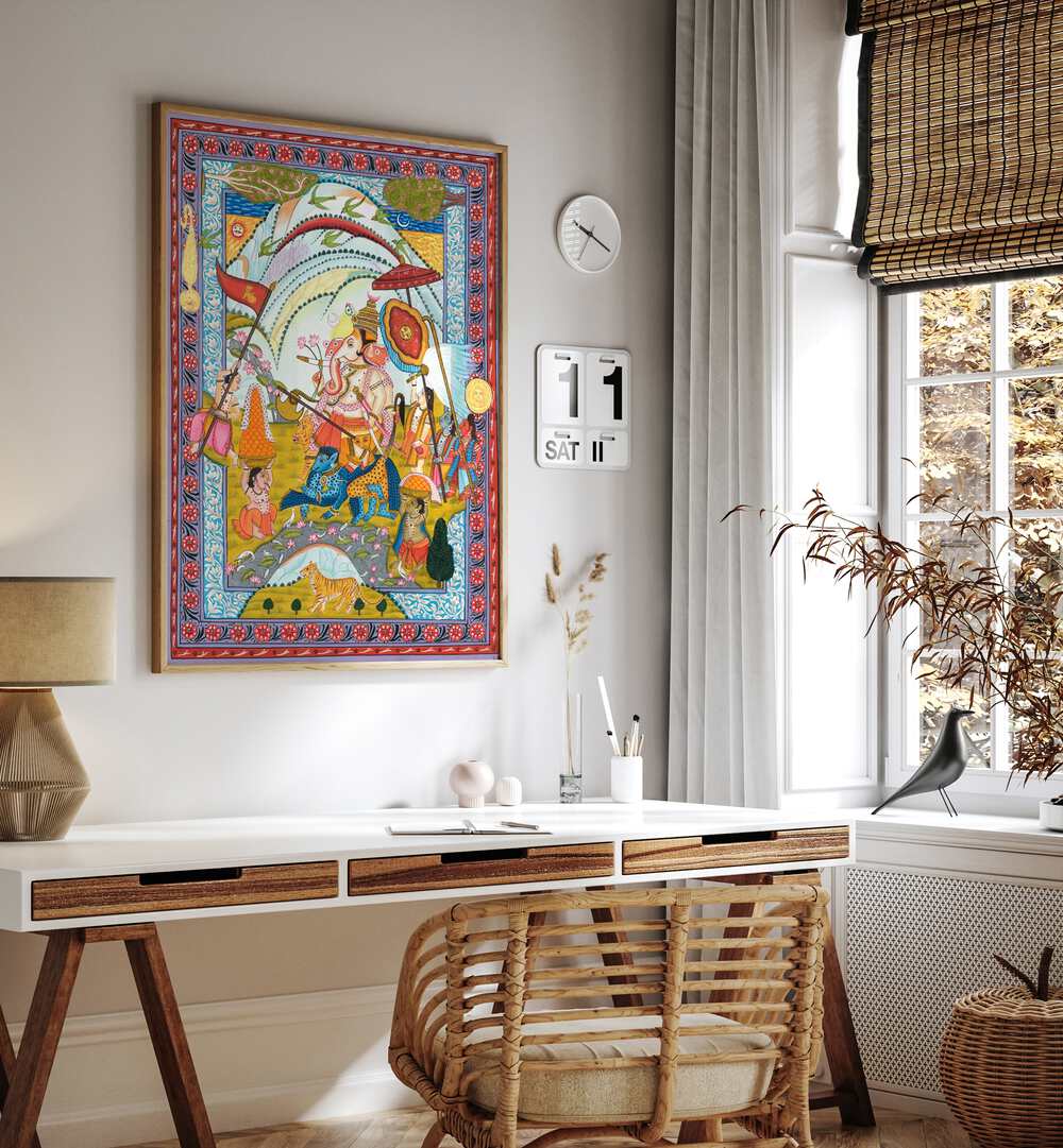 Vibrant SHRI GANESHA, INDIAN ART PAINTINGS showcasing the revered elephant-headed god for wisdom and prosperity.