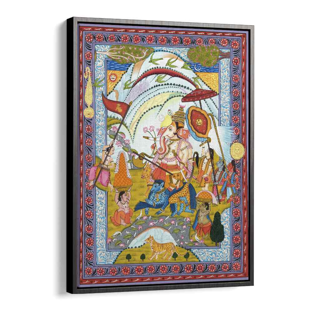 Exquisite SHRI GANESHA, INDIAN ART PAINTINGS in a black floater frame, symbolizing wisdom and prosperity.