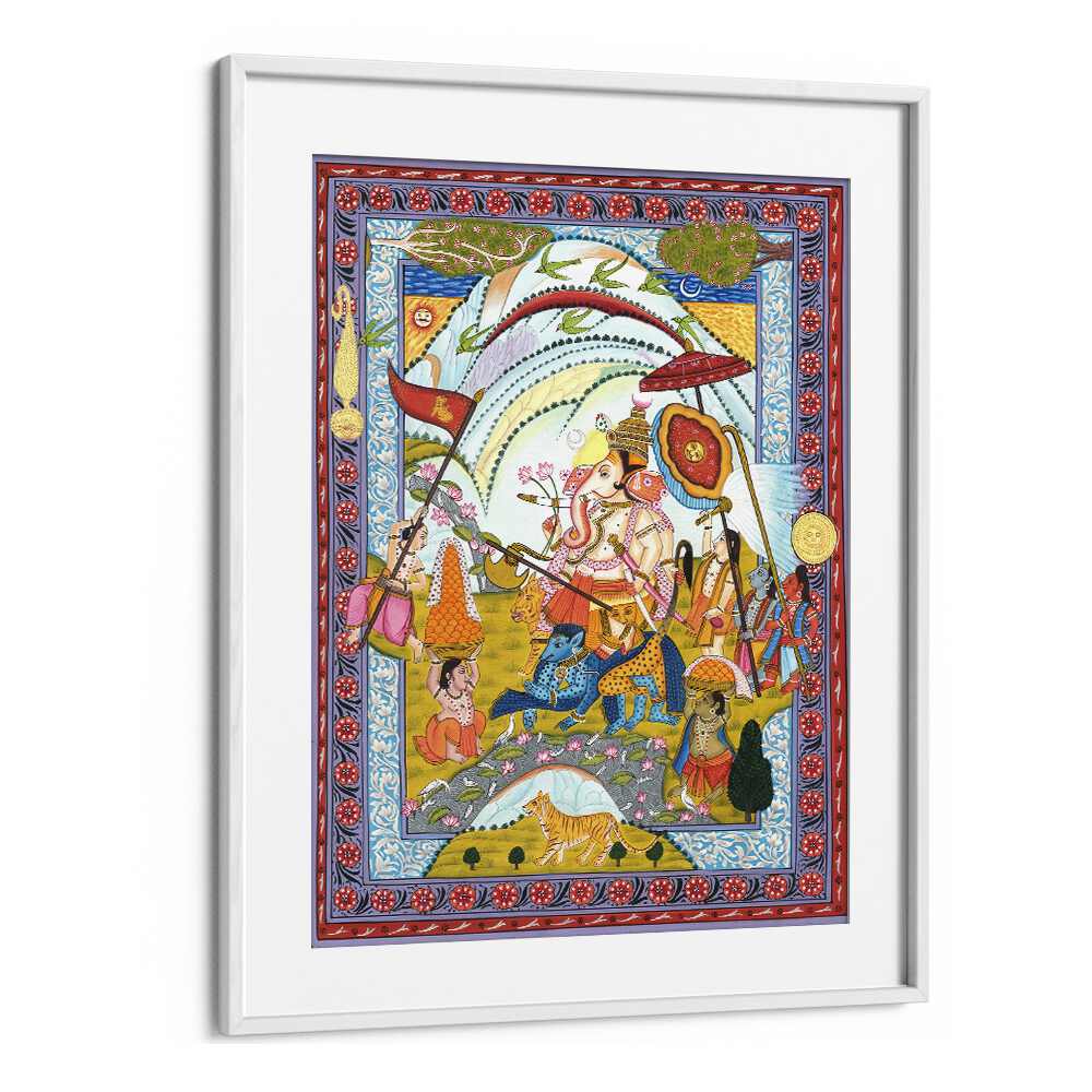Exquisite SHRI GANESHA, INDIAN ART PAINTINGS in a white frame, capturing divine wisdom and prosperity.