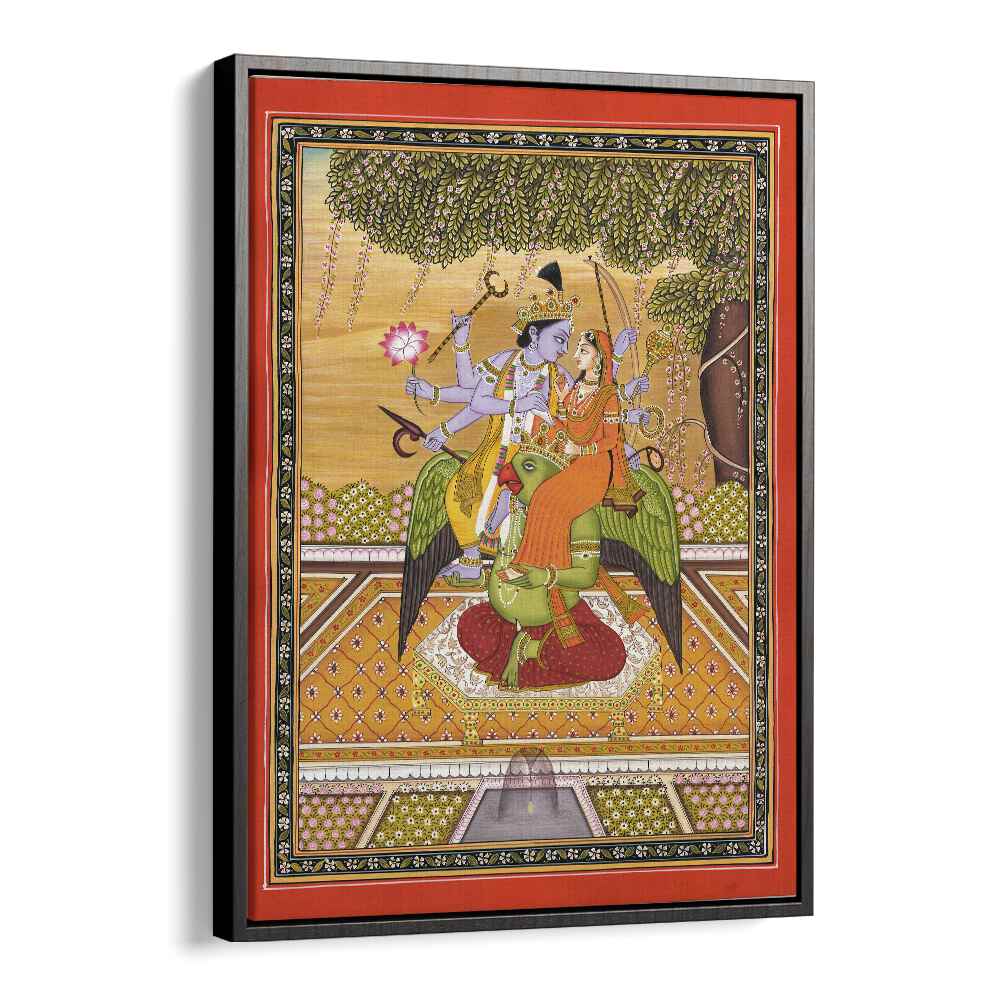 Exquisite SHRI VISHNU WITH LAXMI, INDIAN ART PAINTINGS, showcasing divine union on Garuda, perfect for spiritual decor.