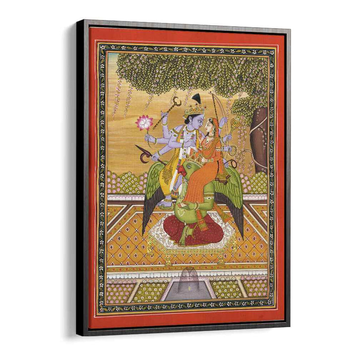 Exquisite SHRI VISHNU WITH LAXMI, INDIAN ART PAINTINGS, showcasing divine union on Garuda, perfect for spiritual decor.