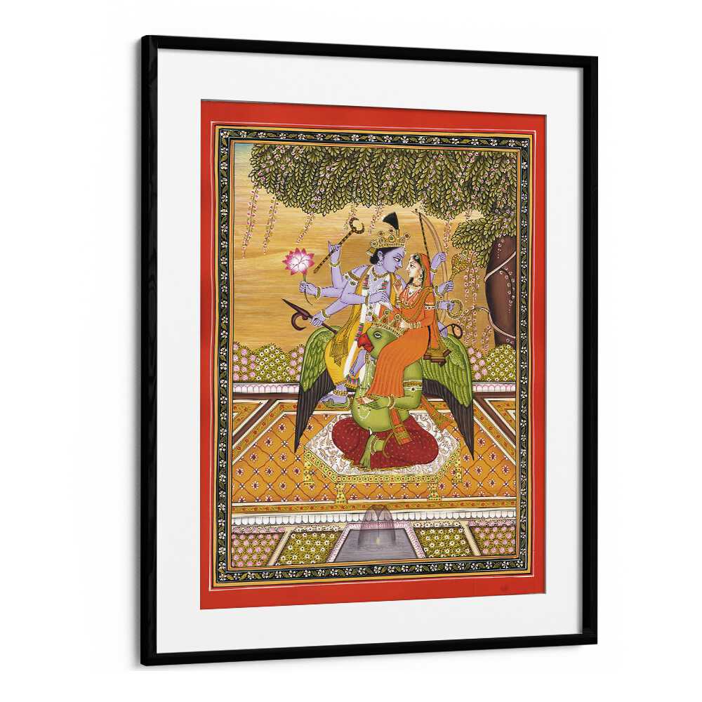 SHRI VISHNU WITH LAXMI, INDIAN ART PAINTINGS beautifully depicts the divine couple on Garuda, perfect for your decor.