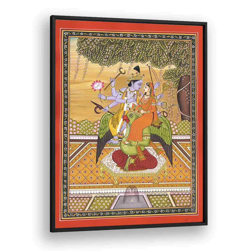 SHRI VISHNU WITH LAXMI, INDIAN ART PAINTINGS showcasing the divine couple on Garuda, perfect for spiritual decor.