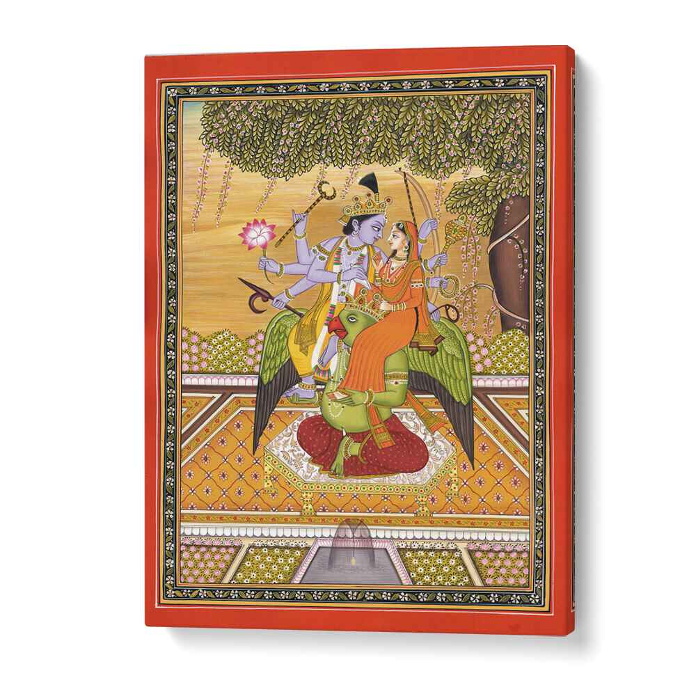 Exquisite SHRI VISHNU WITH LAXMI, INDIAN ART PAINTINGS, showcasing the divine couple on Garuda, perfect for spiritual decor.