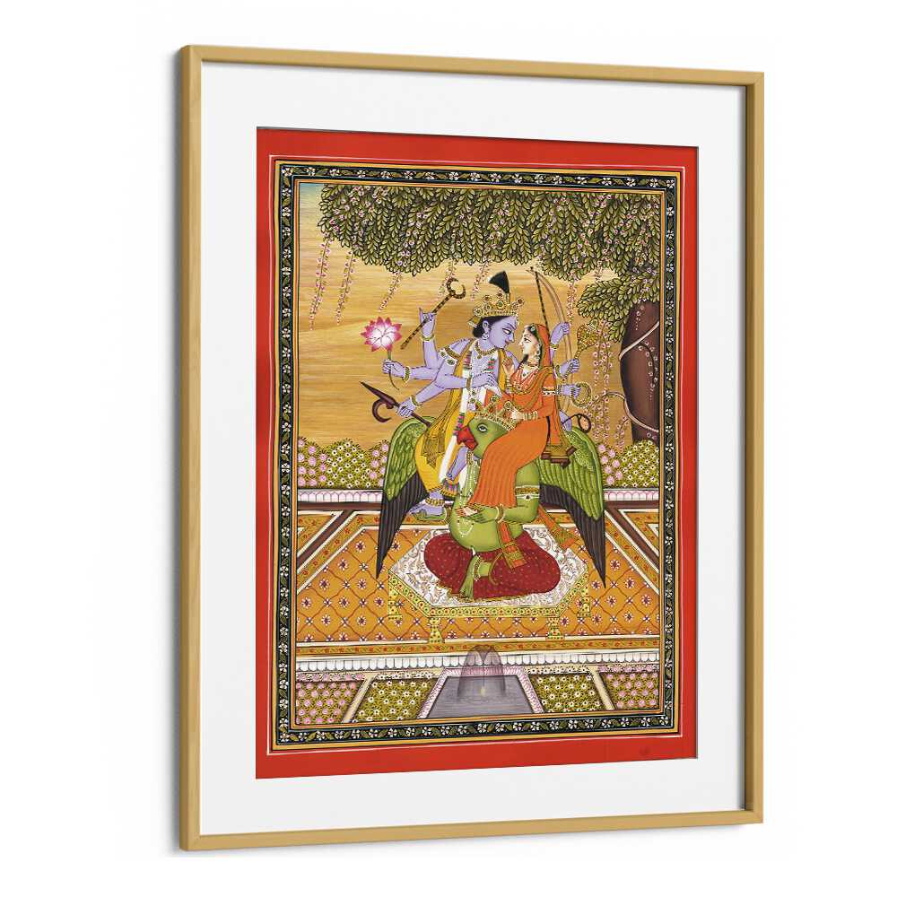 Exquisite SHRI VISHNU WITH LAXMI, INDIAN ART PAINTINGS capturing divine love on Garuda, perfect for your spiritual space.