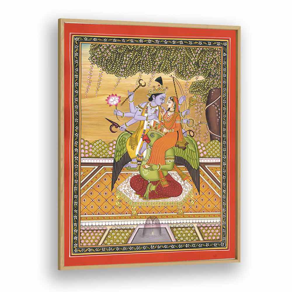 Elegant SHRI VISHNU WITH LAXMI, INDIAN ART PAINTINGS, showcasing divine union on Garuda in a beautiful frame.