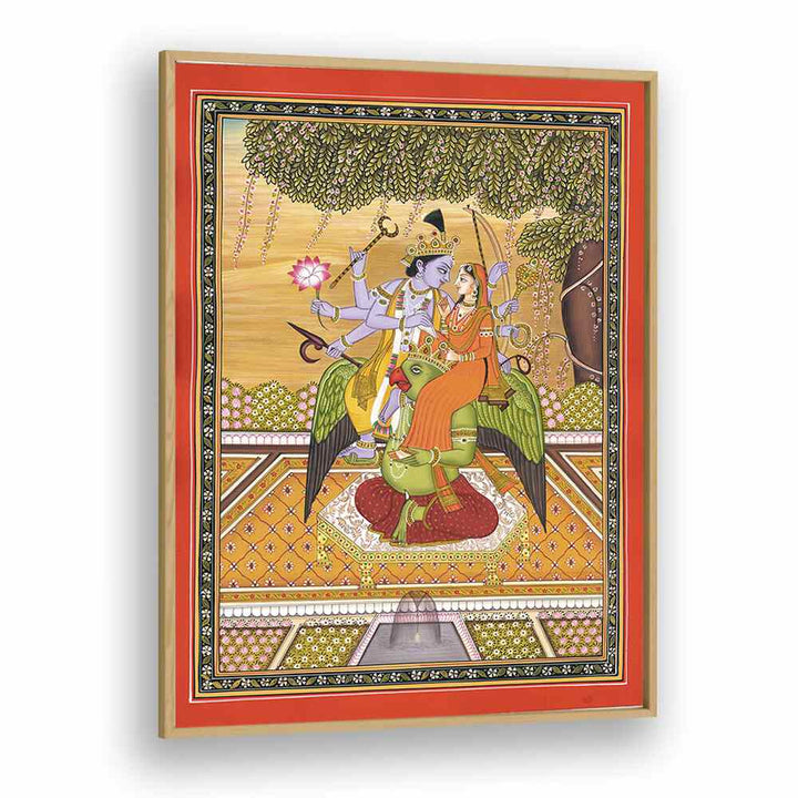 Elegant SHRI VISHNU WITH LAXMI, INDIAN ART PAINTINGS, showcasing divine union on Garuda in a beautiful frame.