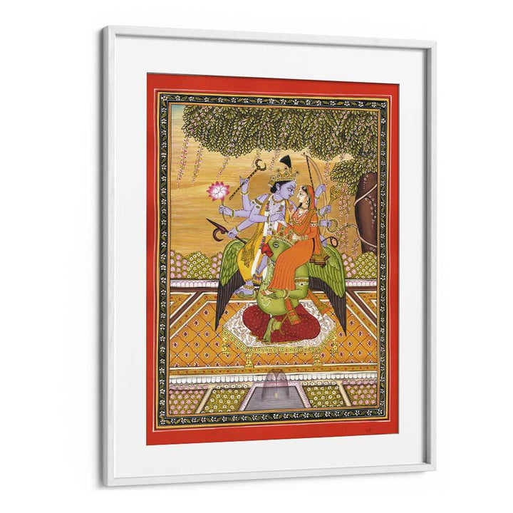 Stunning SHRI VISHNU WITH LAXMI, INDIAN ART PAINTINGS capturing divine unity in vibrant colors, beautifully framed.