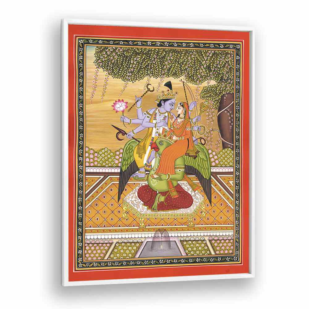 Exquisite SHRI VISHNU WITH LAXMI, INDIAN ART PAINTINGS, showcasing the divine couple on Garuda, perfect for spiritual decor.