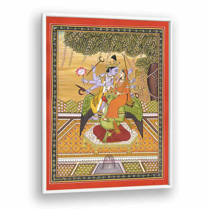 Exquisite SHRI VISHNU WITH LAXMI, INDIAN ART PAINTINGS, showcasing the divine couple on Garuda, perfect for spiritual decor.