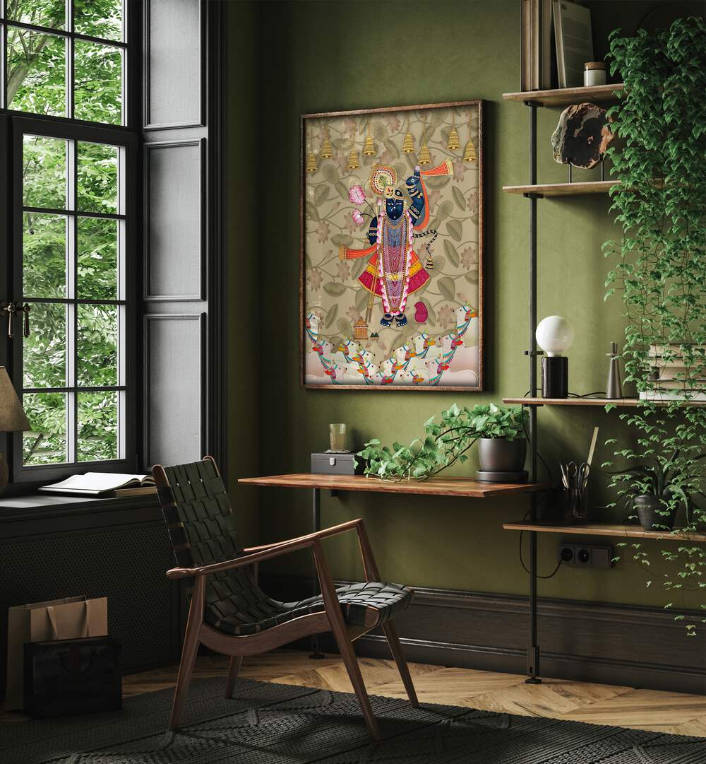 Explore SHRINATHJI'S EMBRACE, INDIAN ART PAINTINGS, showcasing divine love in vibrant colors and intricate details.