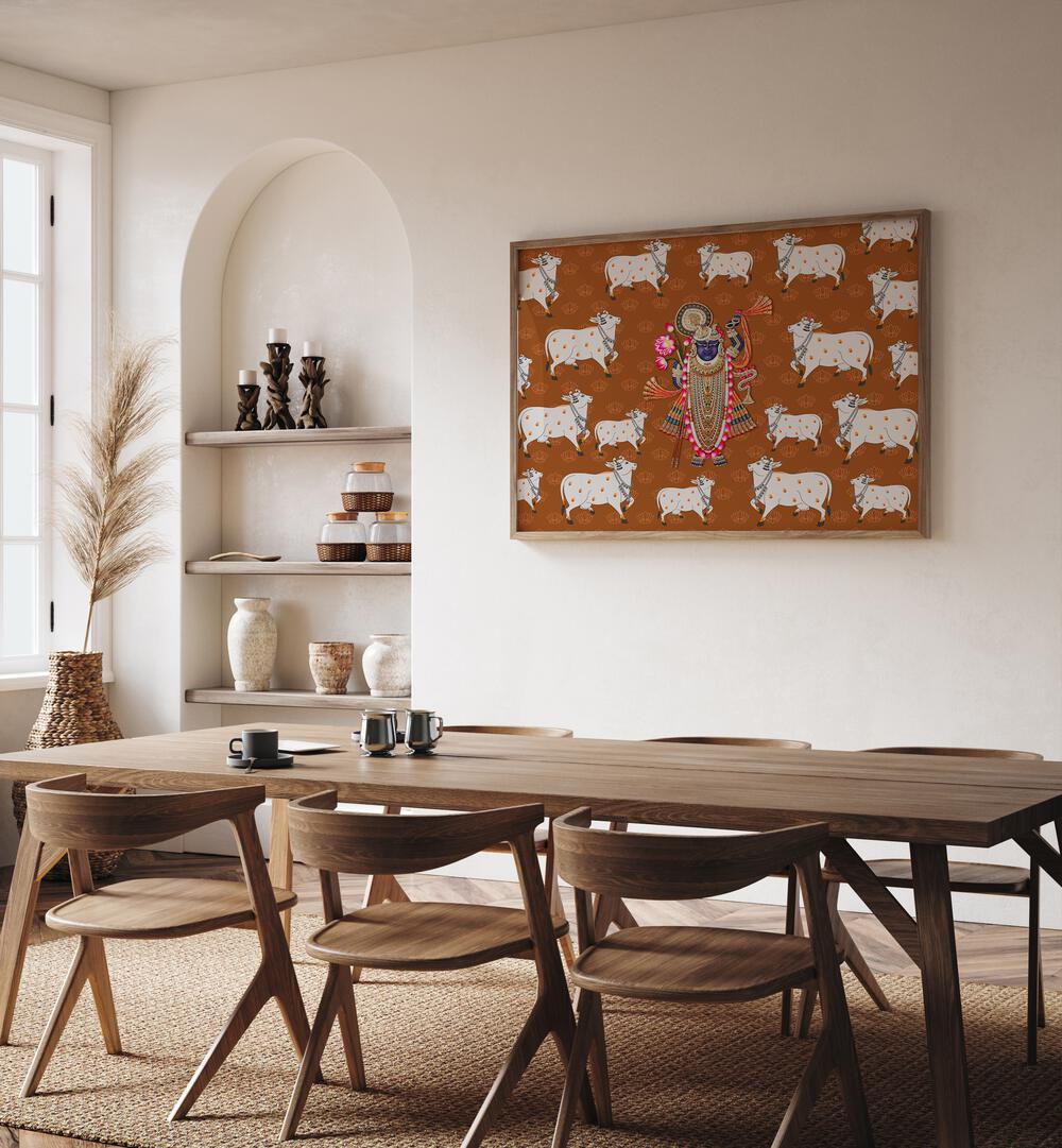Captivating SHRINATHJI'S GRACE AND SACRED COW, INDIAN ART PAINTING, showcasing divine beauty in home decor.