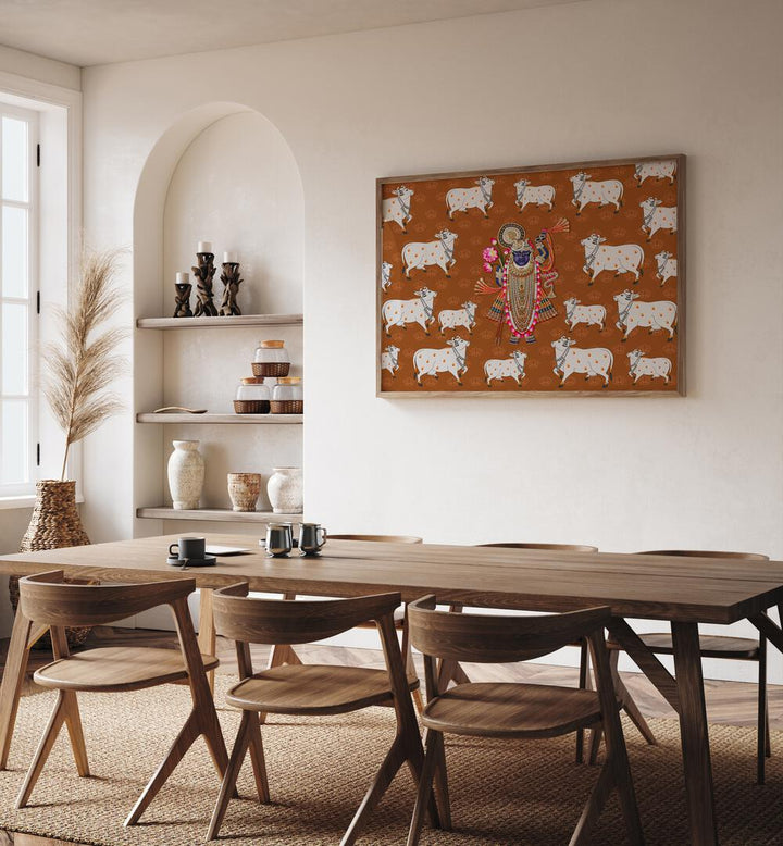 Captivating SHRINATHJI'S GRACE AND SACRED COW, INDIAN ART PAINTING, showcasing divine beauty in home decor.