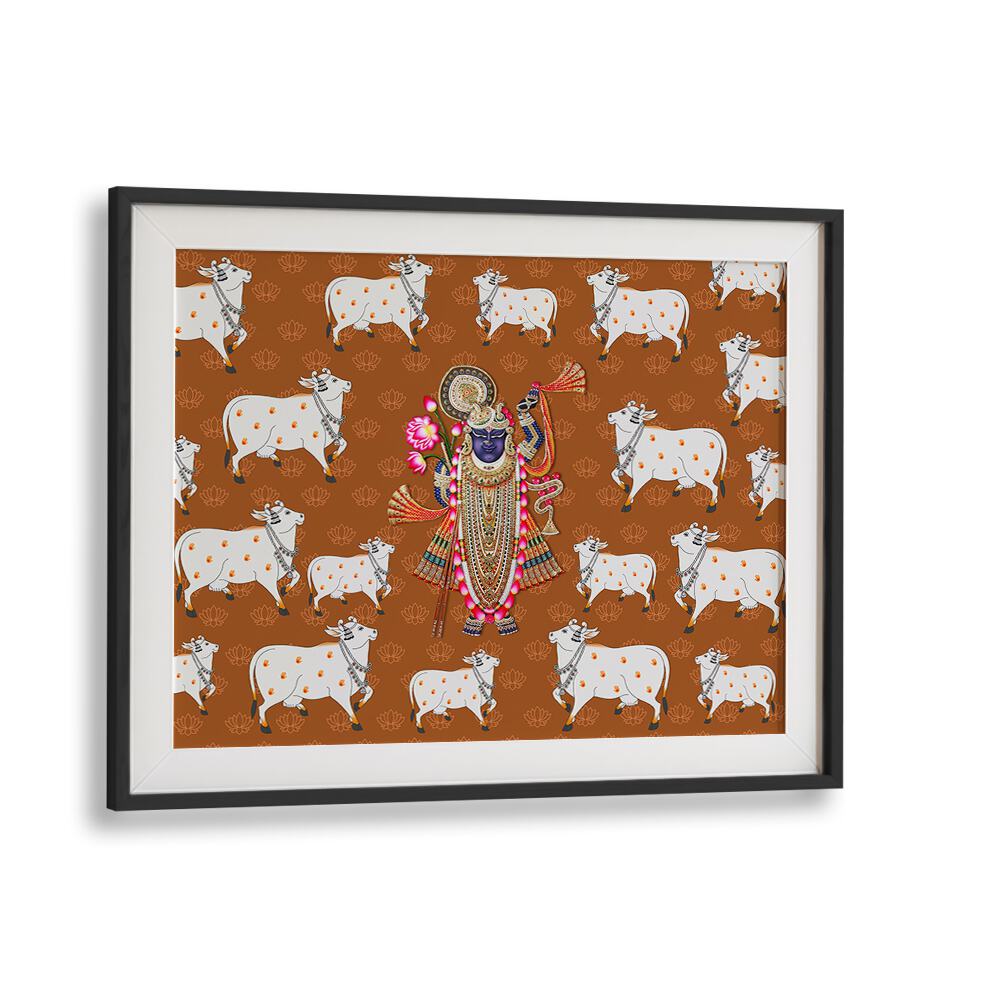 Captivating SHRINATHJI'S GRACE AND SACRED COW, INDIAN ART PAINTING showcasing Lord Krishna with sacred cows. Perfect decor!