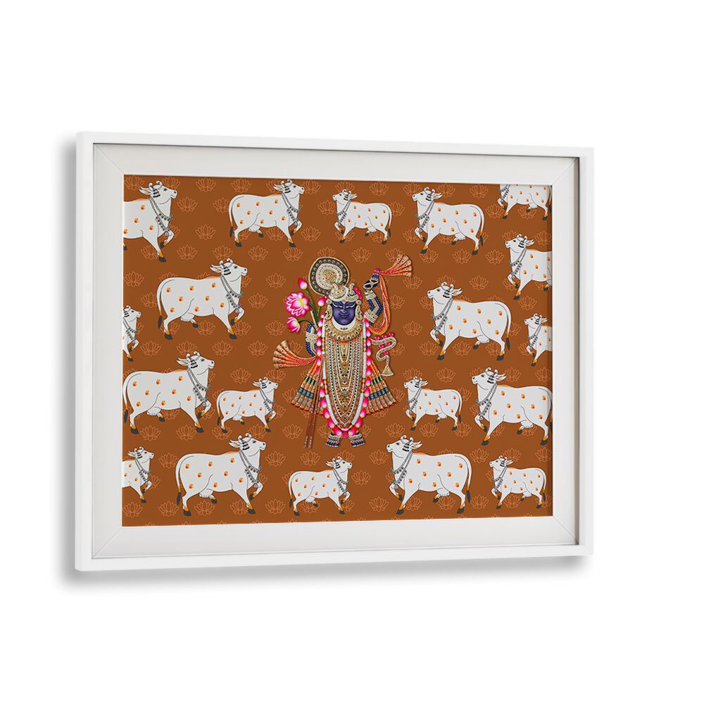 Captivating SHRINATHJI'S GRACE AND SACRED COW, INDIAN ART PAINTING featuring Lord Krishna and sacred cows in vibrant detail.