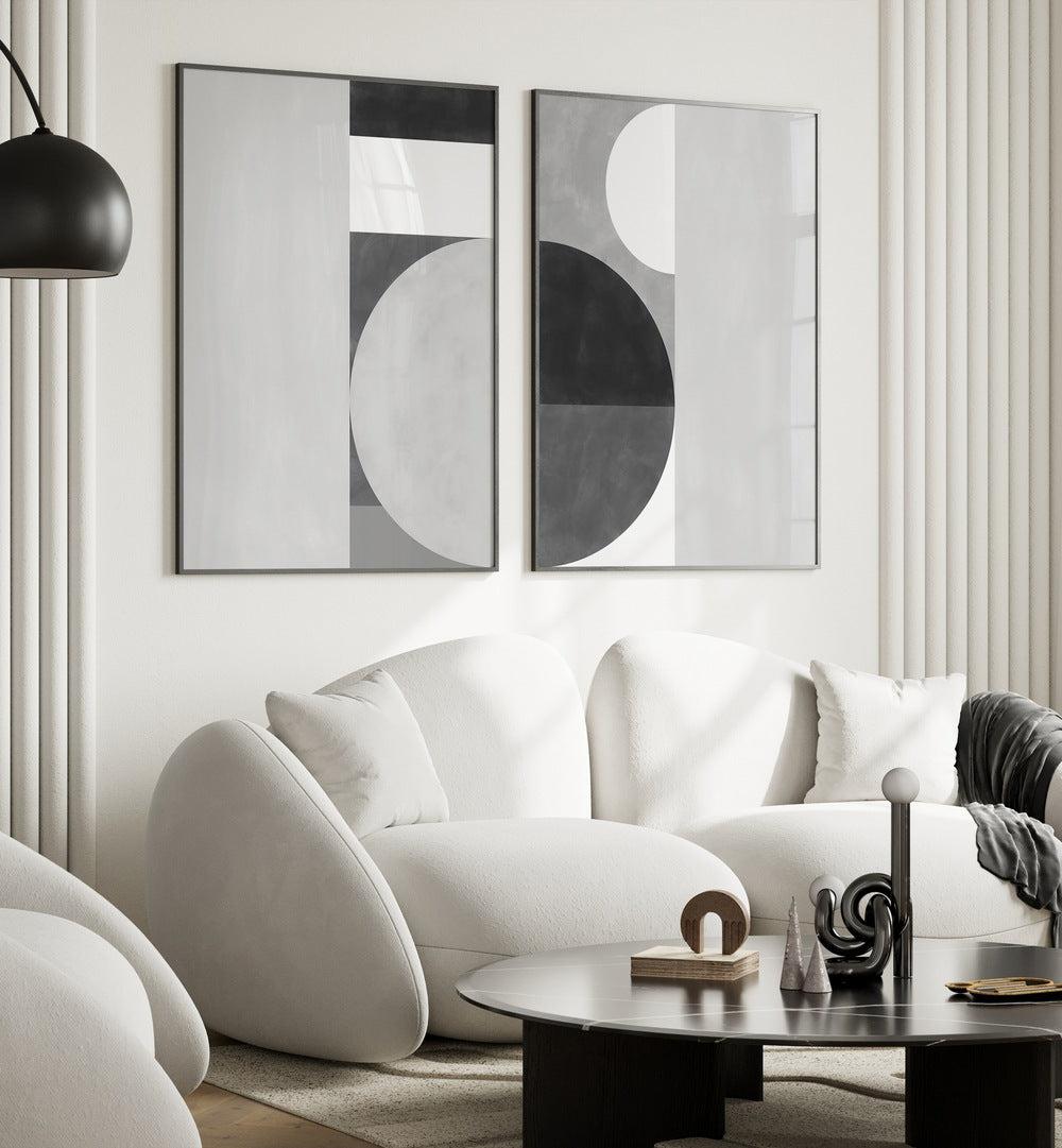 Transform your space with the elegant SHUFFLING STEPS SET, SET OF 2 PAINTINGS, featuring captivating geometric designs.