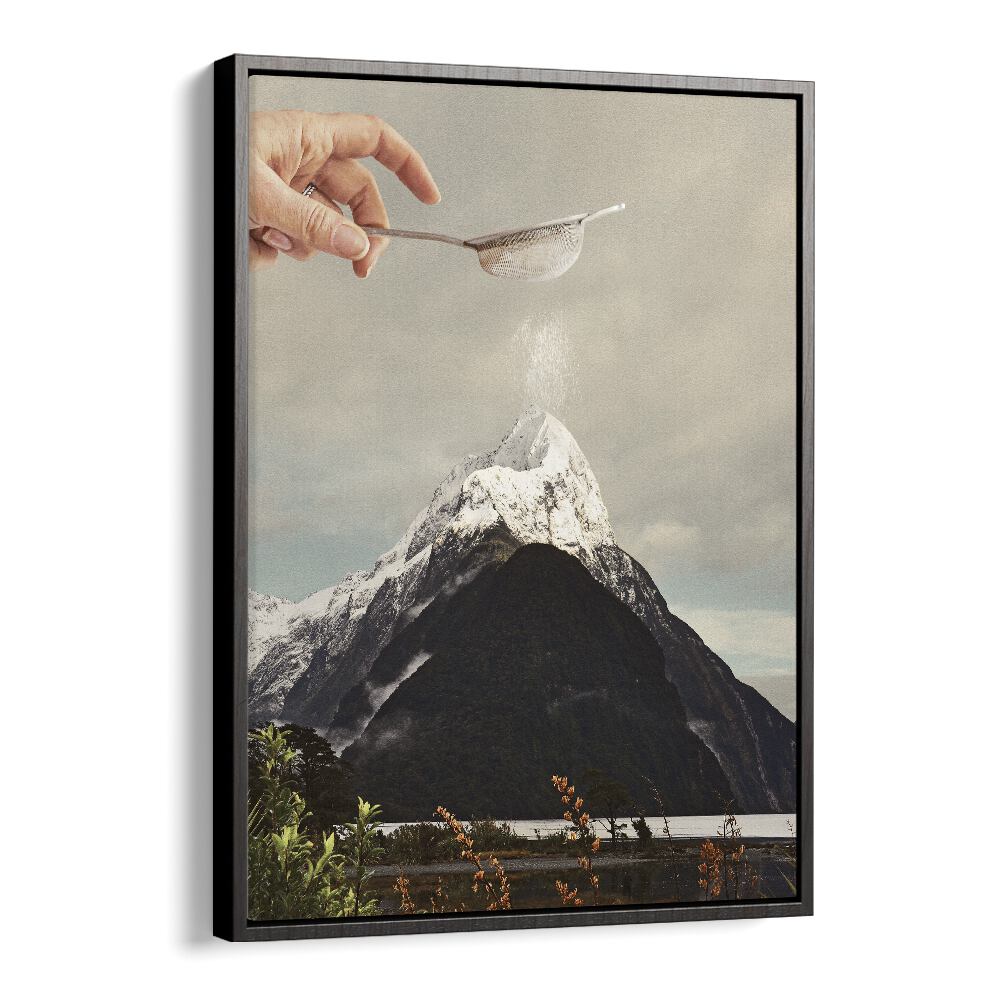 SIFTED SUMMIT M P, SURREAL ART PRINTS by Vertigo Artography features a surreal hand sifting a mountain landscape.