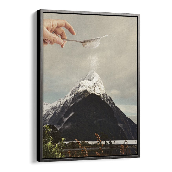 SIFTED SUMMIT M P, SURREAL ART PRINTS by Vertigo Artography features a surreal hand sifting a mountain landscape.