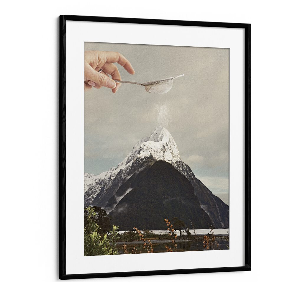SIFTED SUMMIT M P, SURREAL ART PRINTS showcasing a mountain with whimsical elements, framed beautifully by Vertigo Artography.