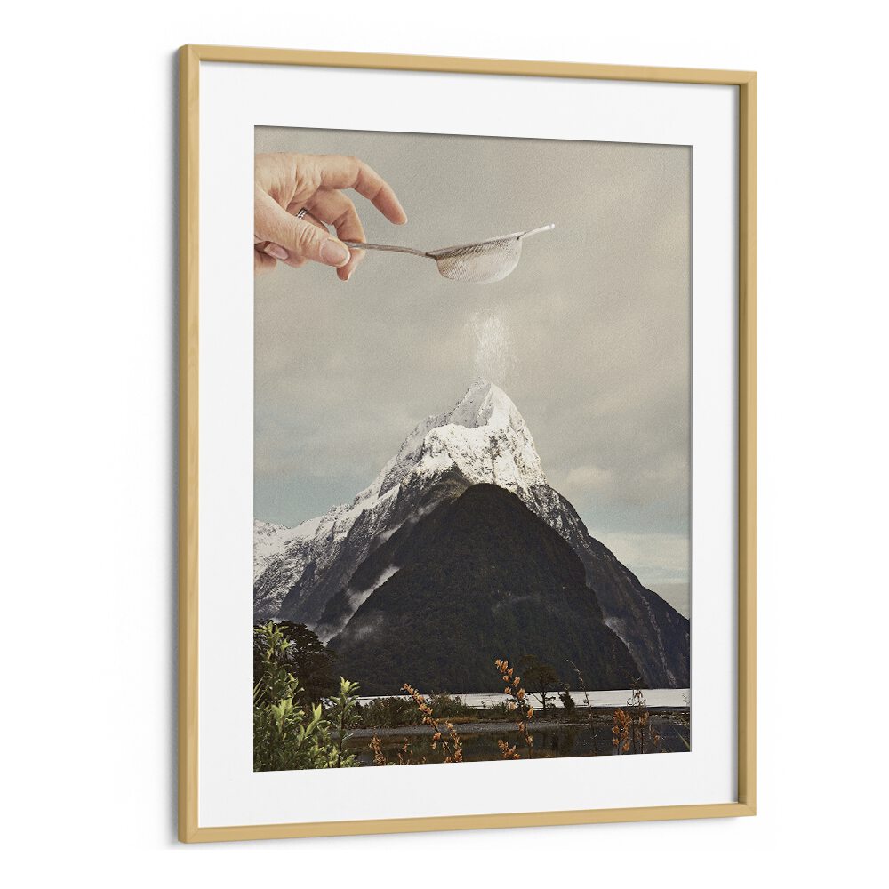 SIFTED SUMMIT M P, SURREAL ART PRINTS features a unique mountain scene art piece by Vertigo Artography in an oak frame.